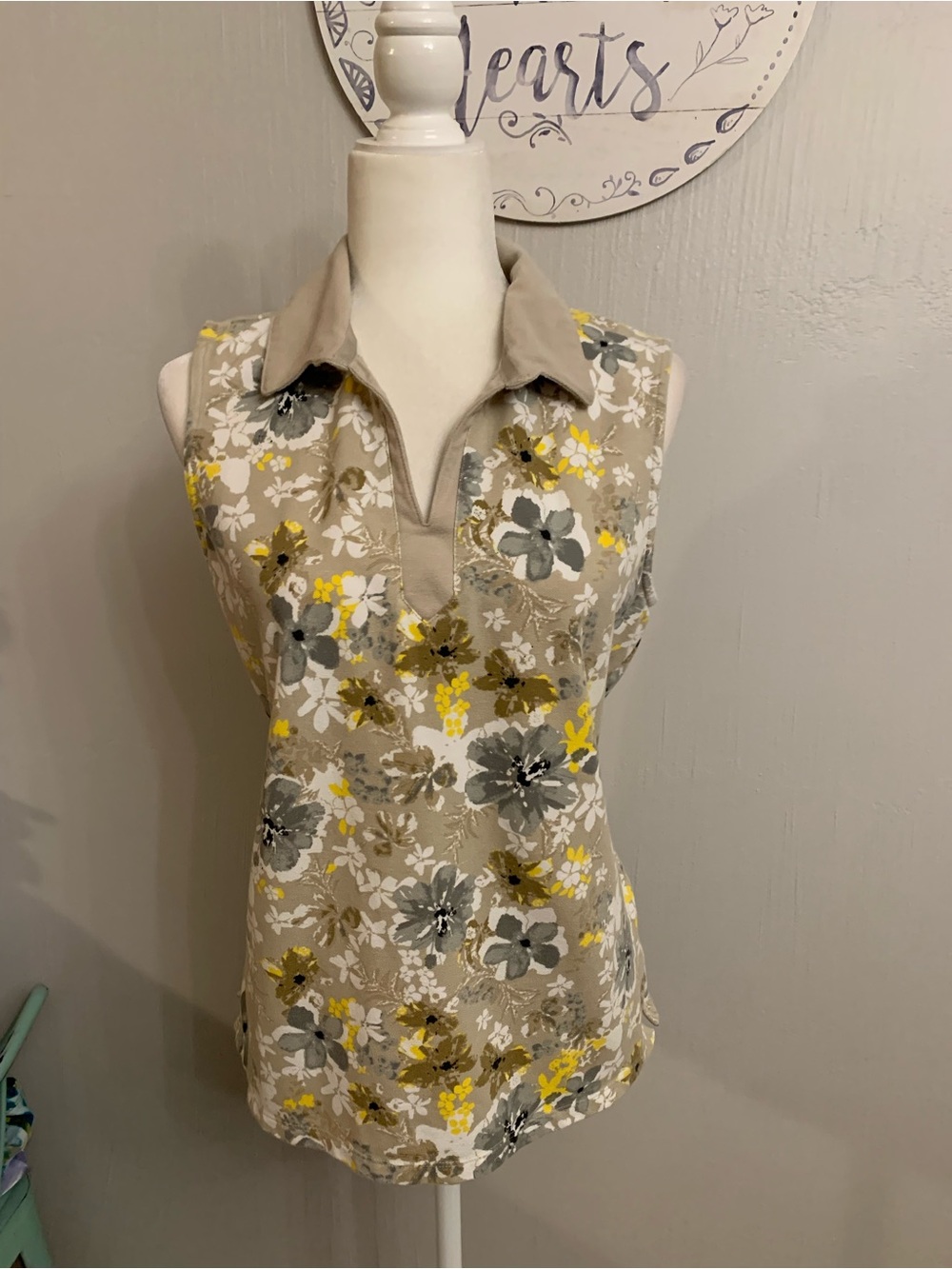 Basic Editions Beige Floral Sleeveless Polo with Yellow & Gray Accents